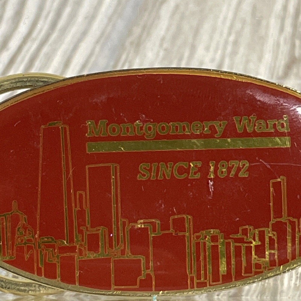 Vintage Montgomery Ward Keychain Red Gold Chicago Skyline Advertising Fob 1872
